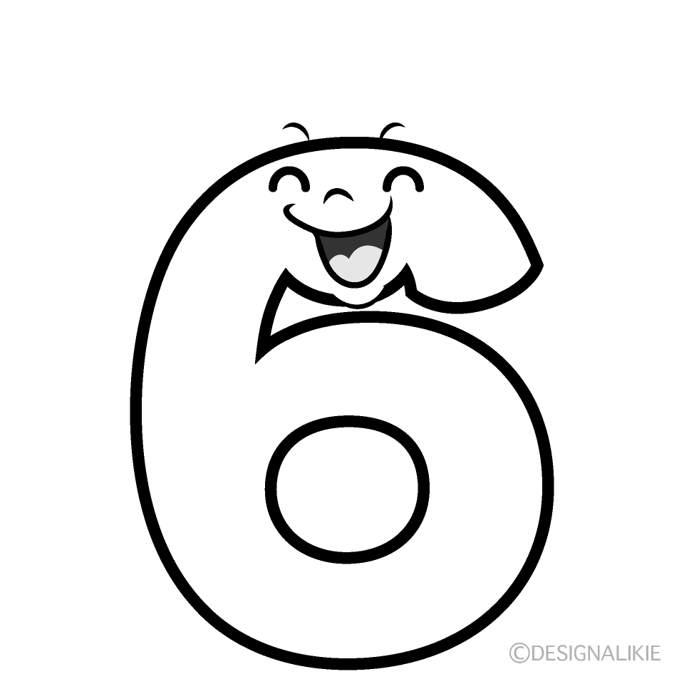 かわいい笑顔の6数字白黒イラスト