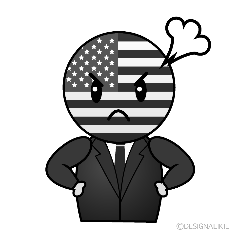 かわいい怒るアメリカ人白黒イラスト