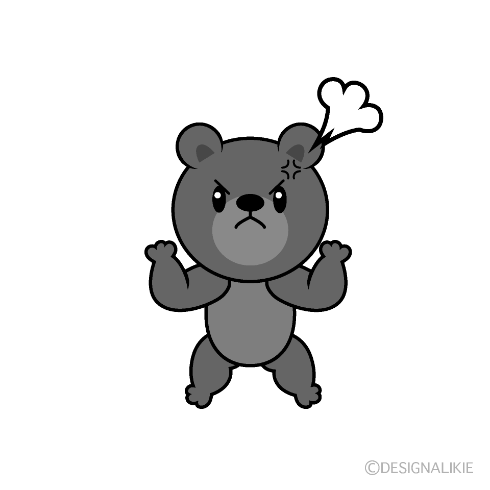 かわいい怒るクマ白黒イラスト