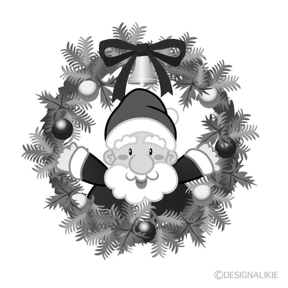 かわいいクリスマスリースとサンタクロース白黒イラスト