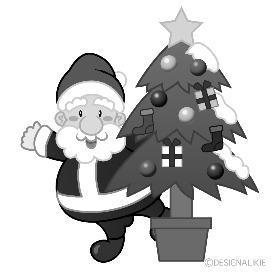 かわいいクリスマスツリーとサンタクロース白黒イラスト