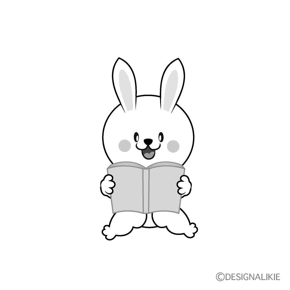 かわいい読書するウサギ白黒イラスト