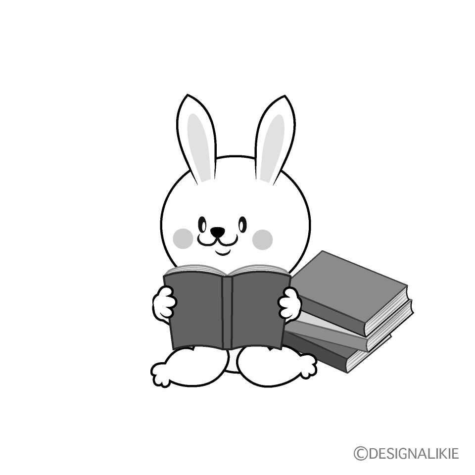 かわいい読書するウサギ白黒イラスト