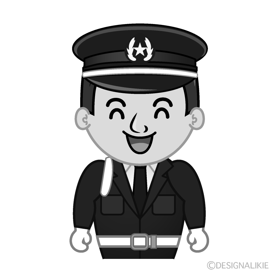 かわいい笑顔の警備員白黒イラスト