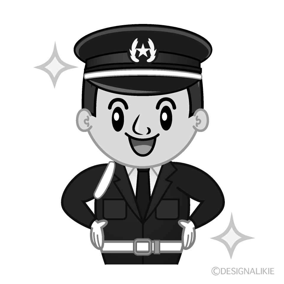 かわいいポーズする警備員白黒イラスト