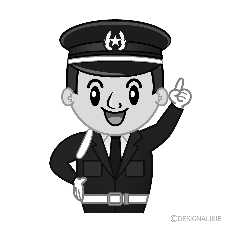 かわいい指差しする警備員白黒イラスト