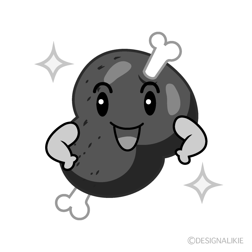 かわいいポーズするマンモス肉白黒イラスト