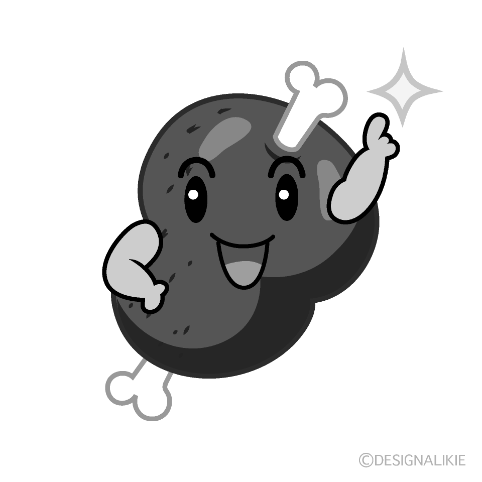 かわいい指差しするマンモス肉白黒イラスト