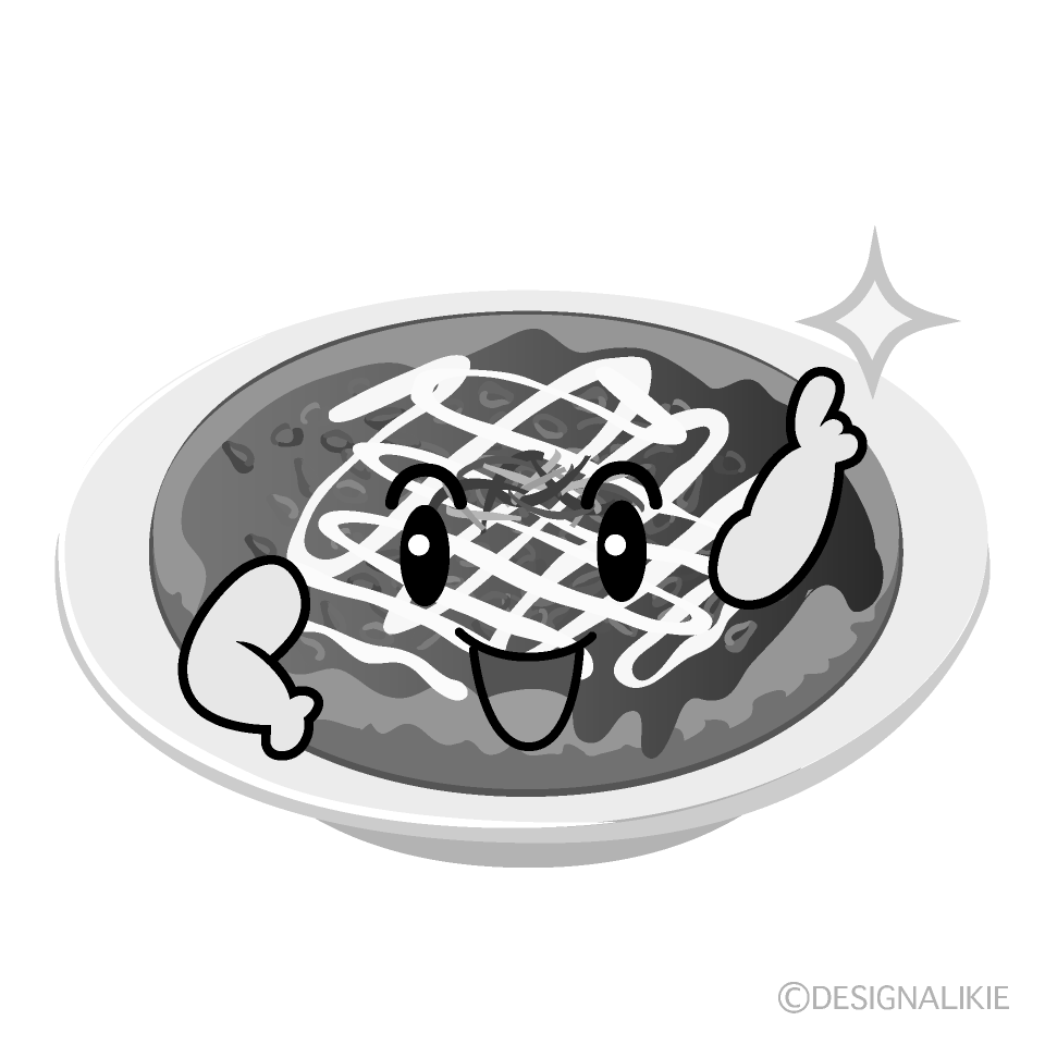 かわいい指差しするお好み焼き白黒イラスト