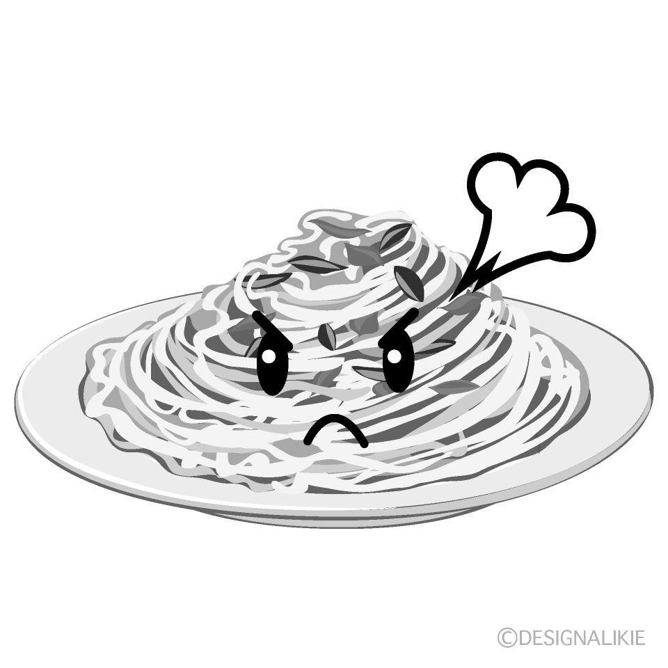 かわいい怒るパスタ白黒イラスト