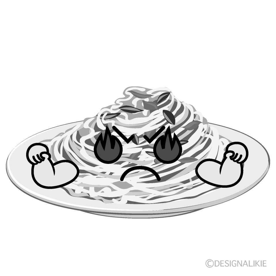 かわいい燃えるパスタ白黒イラスト