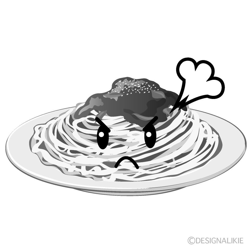 かわいい怒るスパゲッティ白黒イラスト