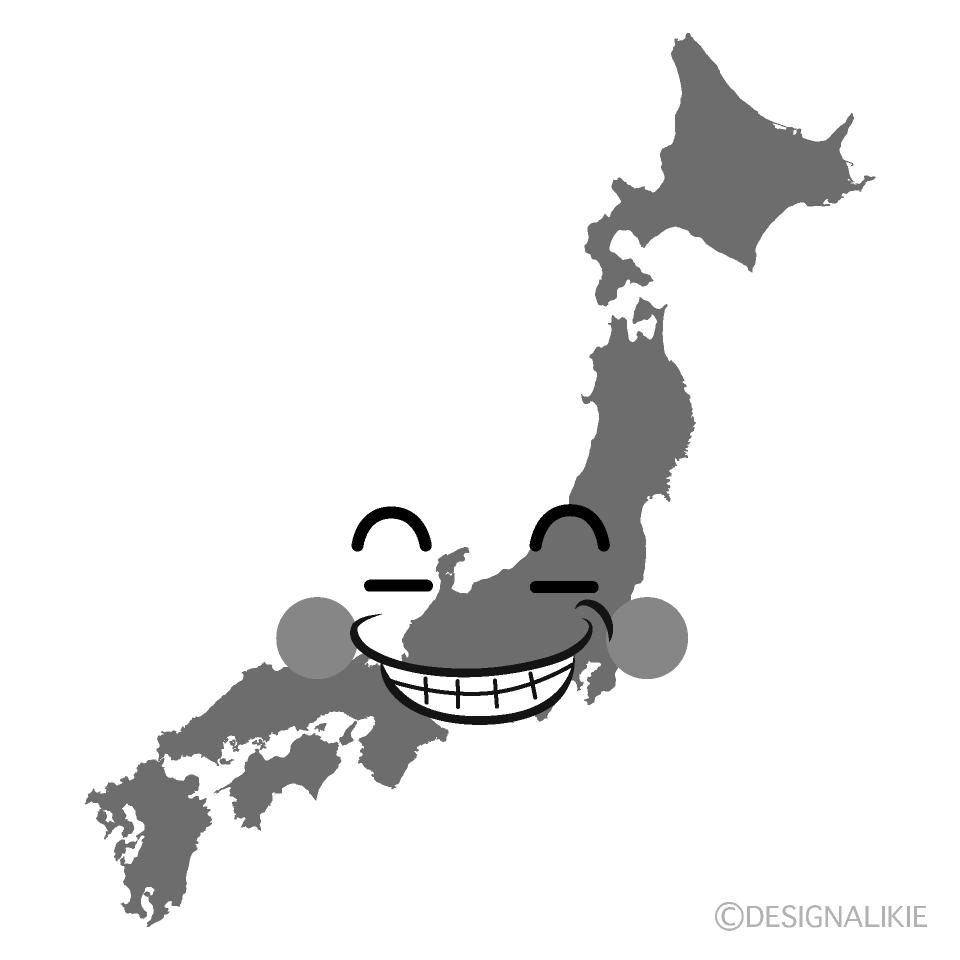 かわいいニヤリとする日本地図白黒イラスト