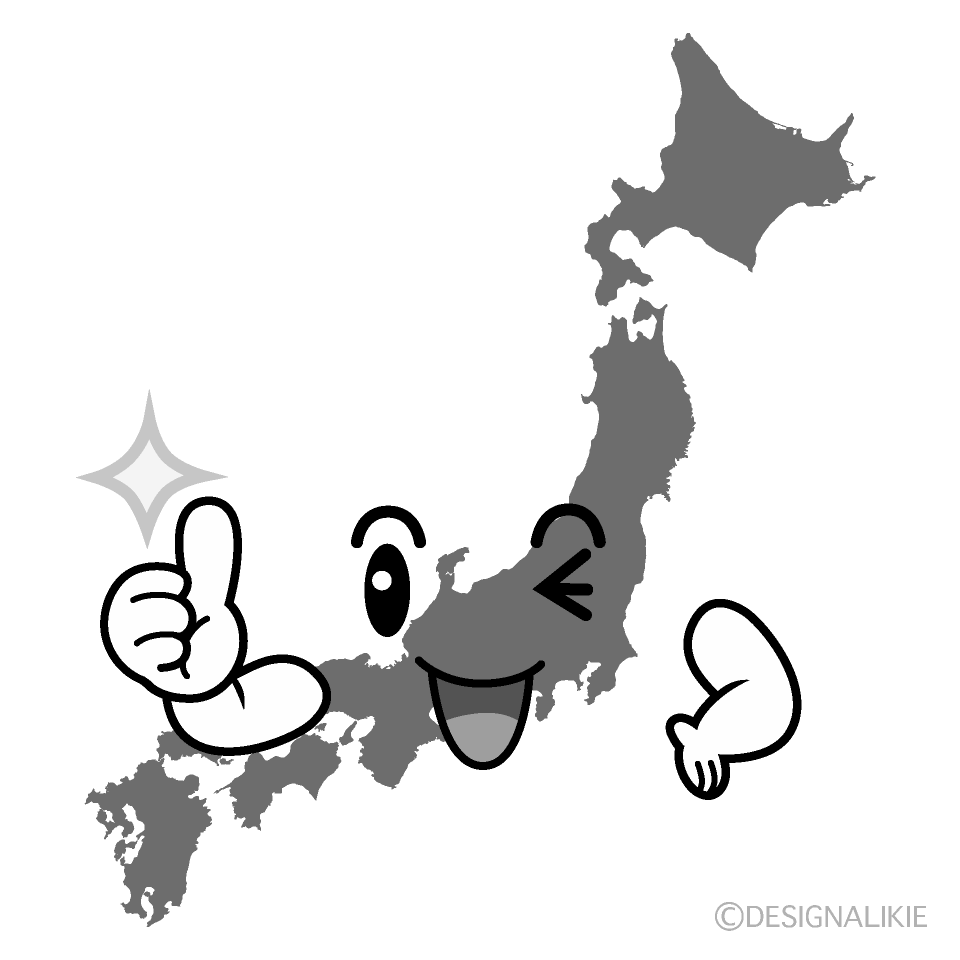 かわいいいいねする日本地図白黒イラスト