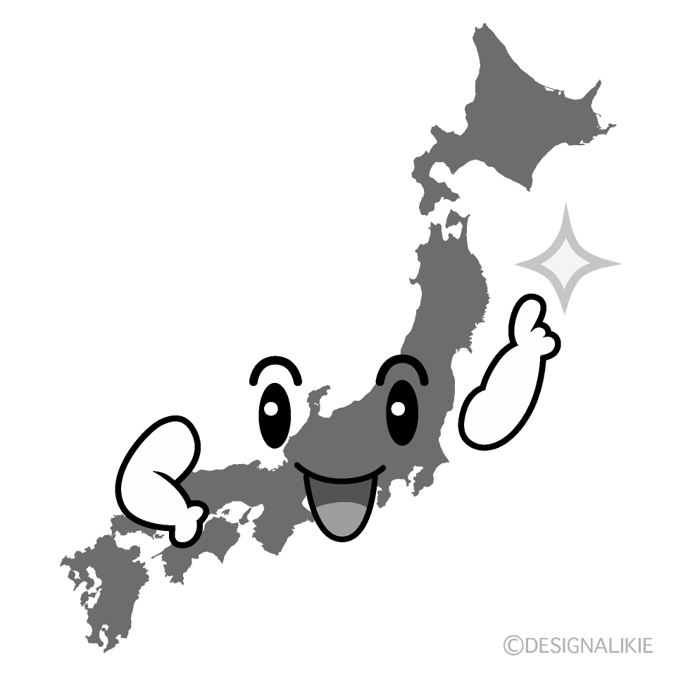 かわいい指差しする日本地図白黒イラスト