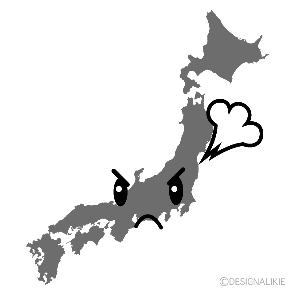 かわいい怒る日本地図白黒イラスト