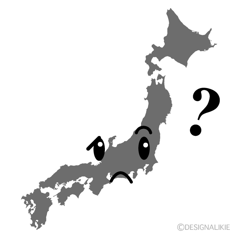 かわいい考える日本地図白黒イラスト