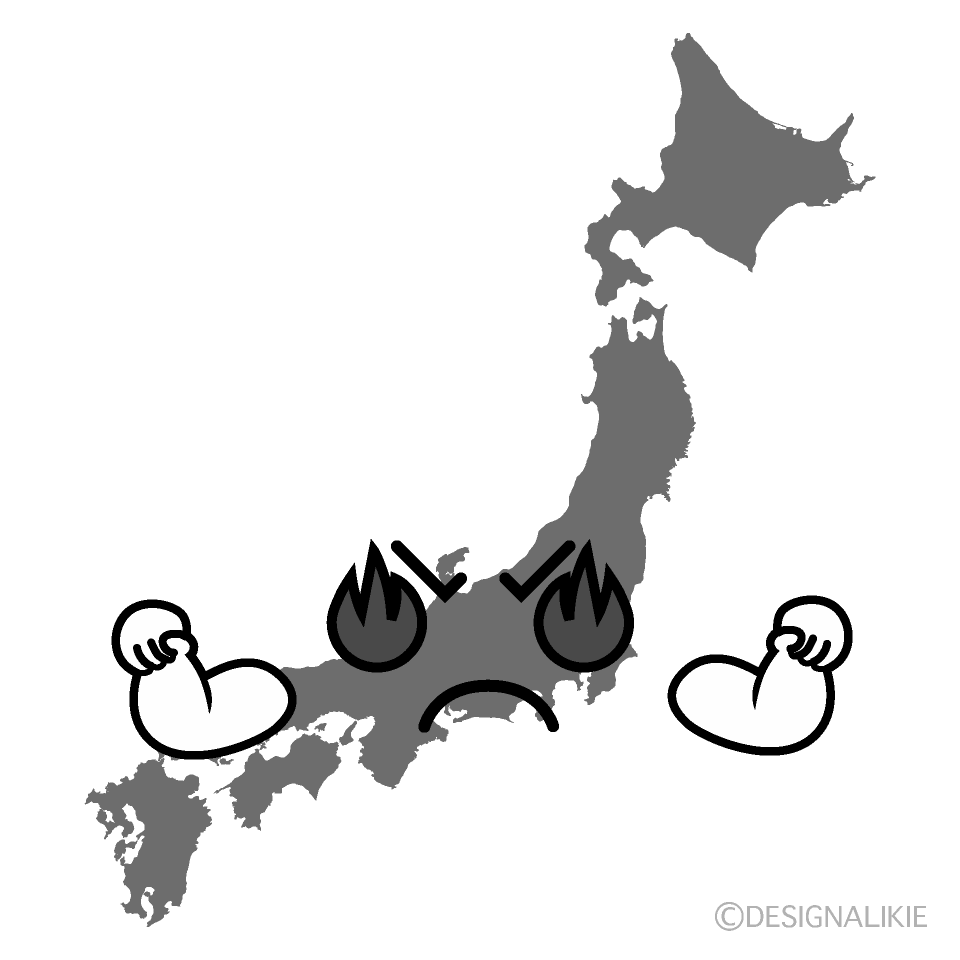 かわいい燃える日本地図白黒イラスト