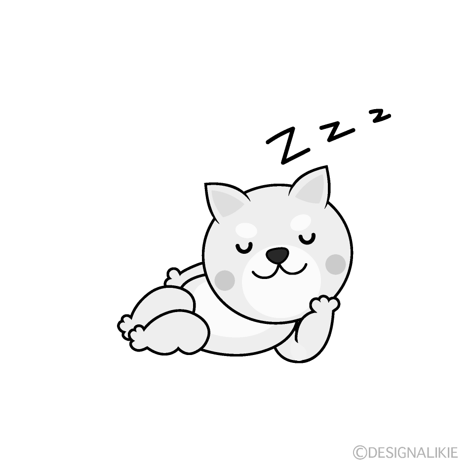 かわいい寝る白犬白黒イラスト