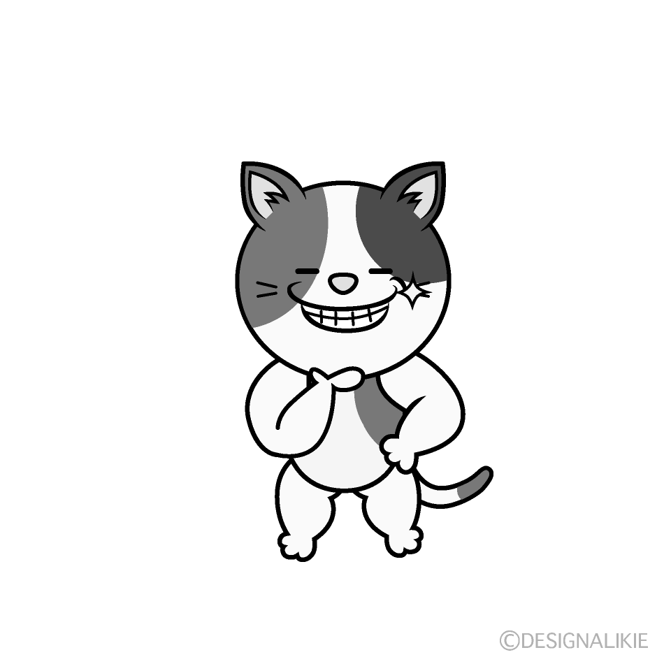 かわいいニヤリとする三毛猫白黒イラスト