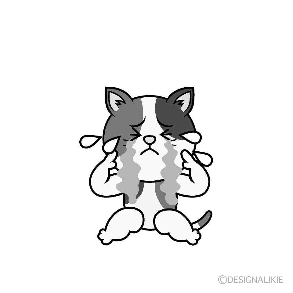 かわいい泣く三毛猫白黒イラスト