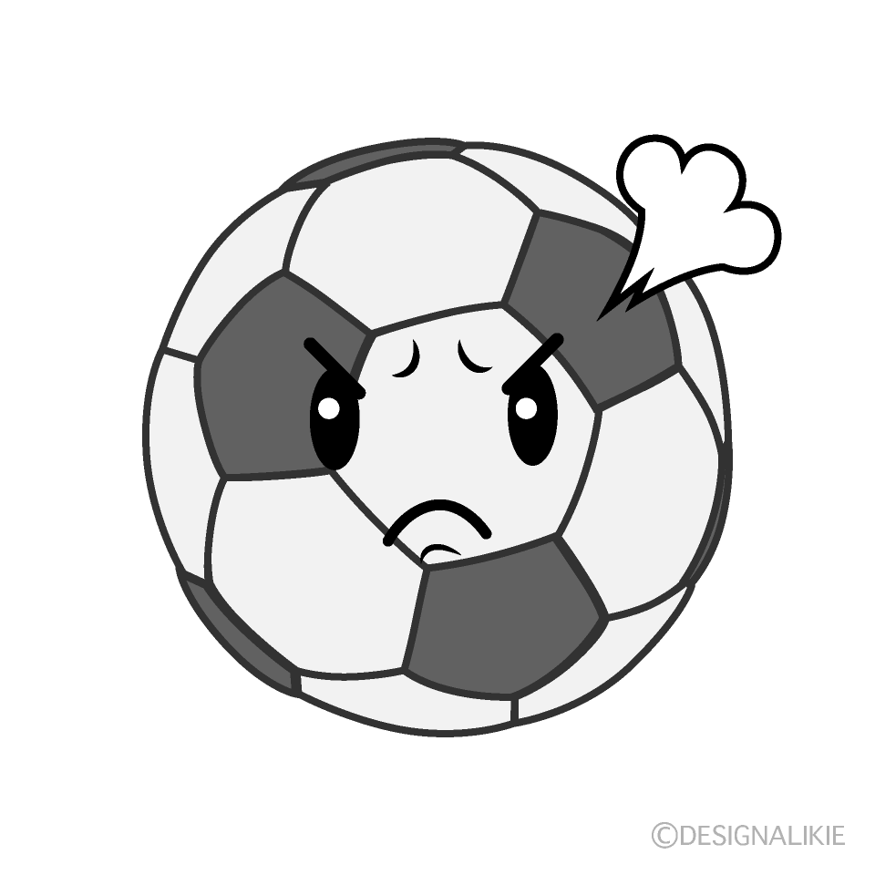 かわいい怒るサッカーボール白黒イラスト