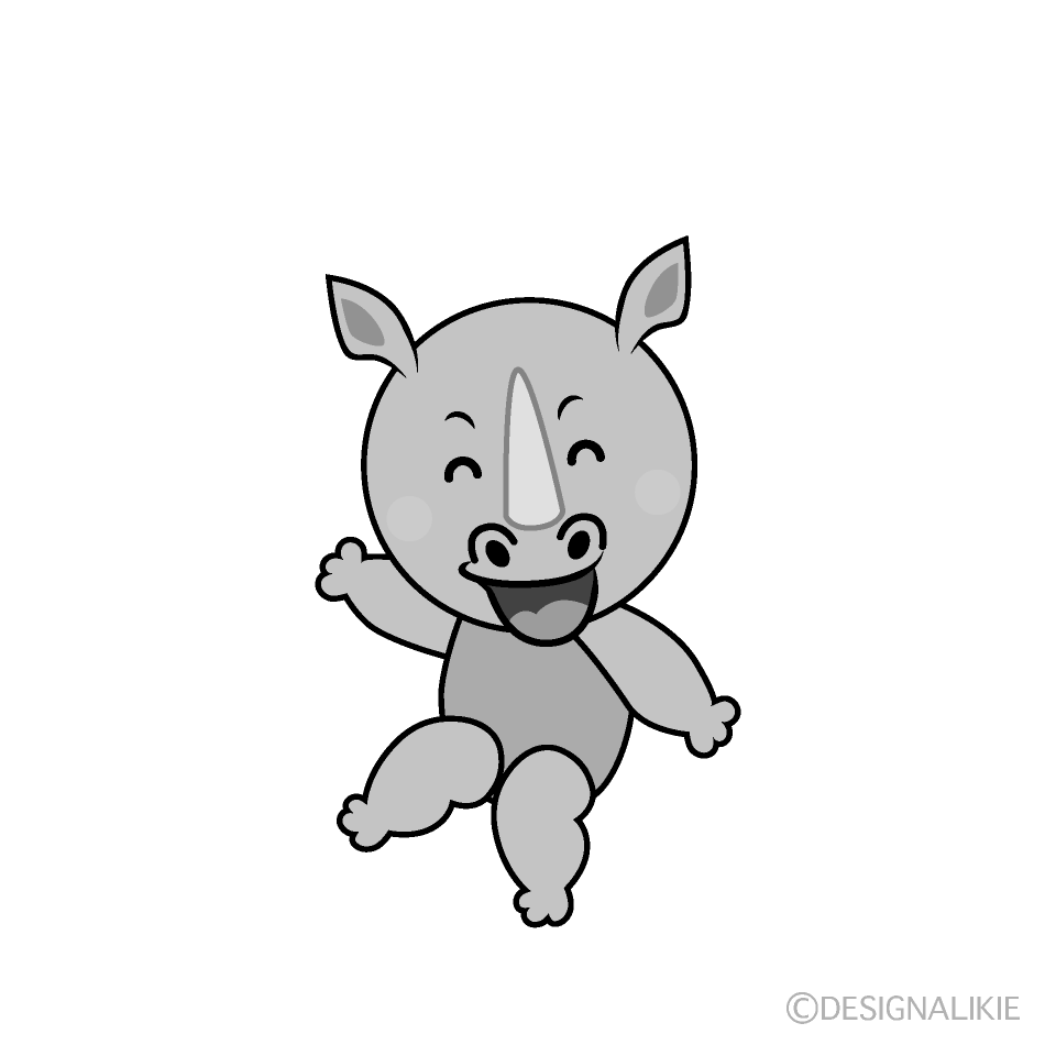 かわいい笑顔のサイ白黒イラスト