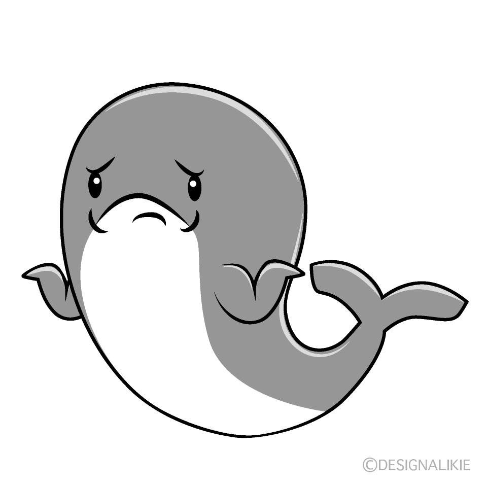 かわいい困る青クジラ白黒イラスト