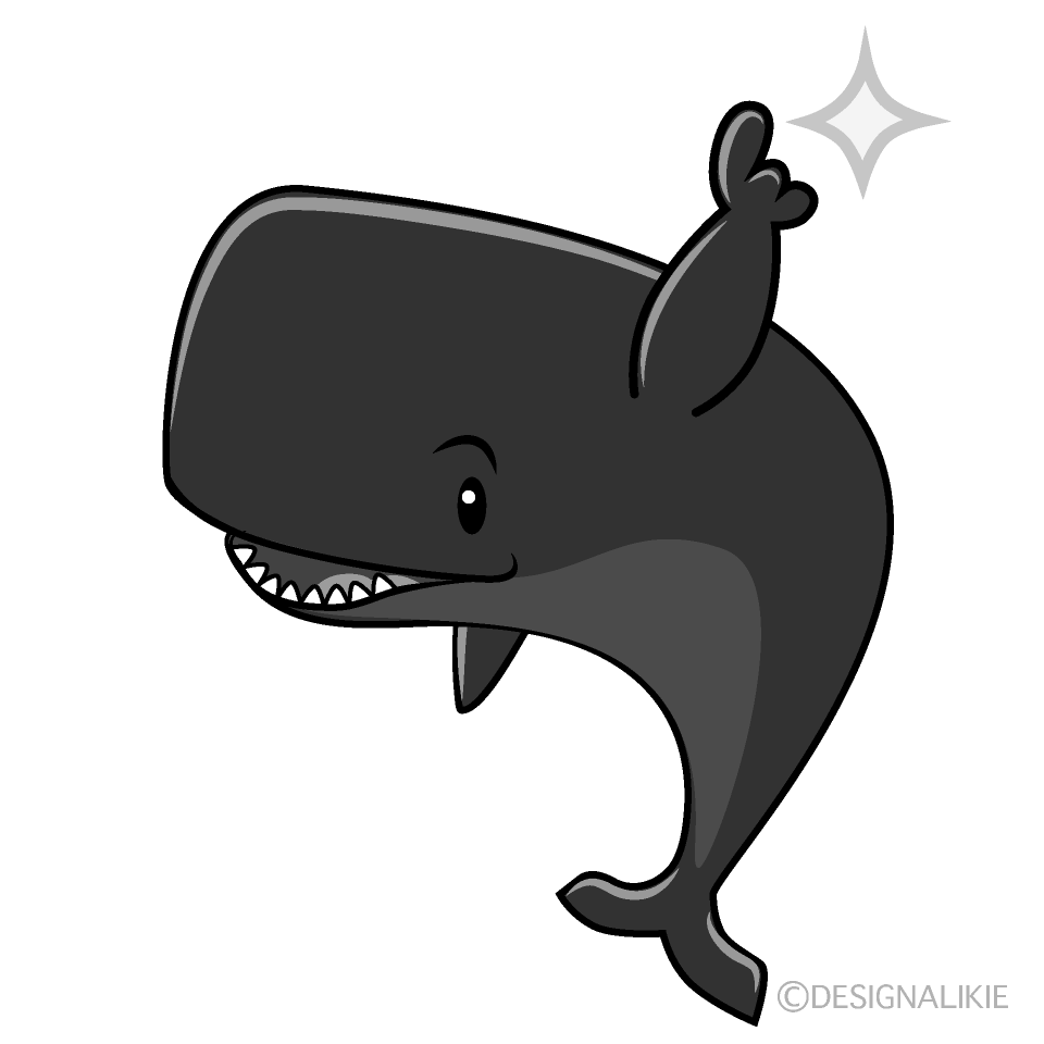 かわいい指差しするマッコウクジラ白黒イラスト