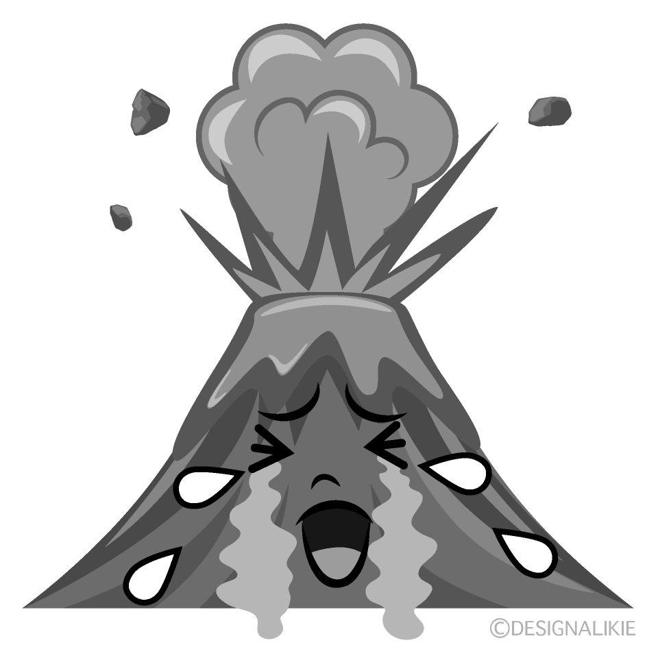 かわいい泣く火山白黒イラスト