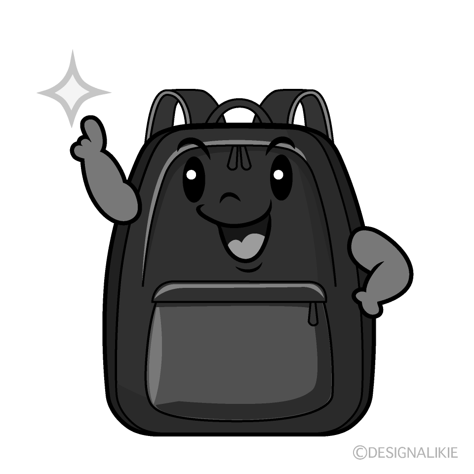 かわいい指差しするリュックサック白黒イラスト