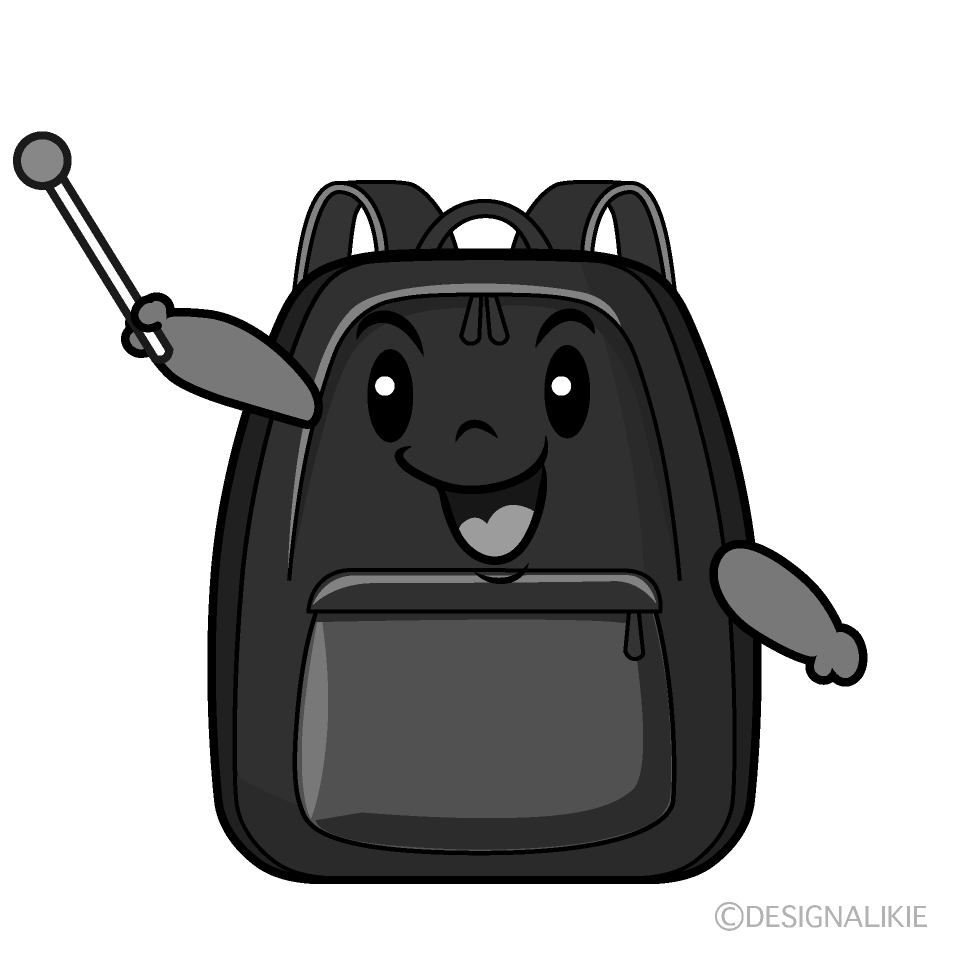 かわいい説明するリュックサック白黒イラスト