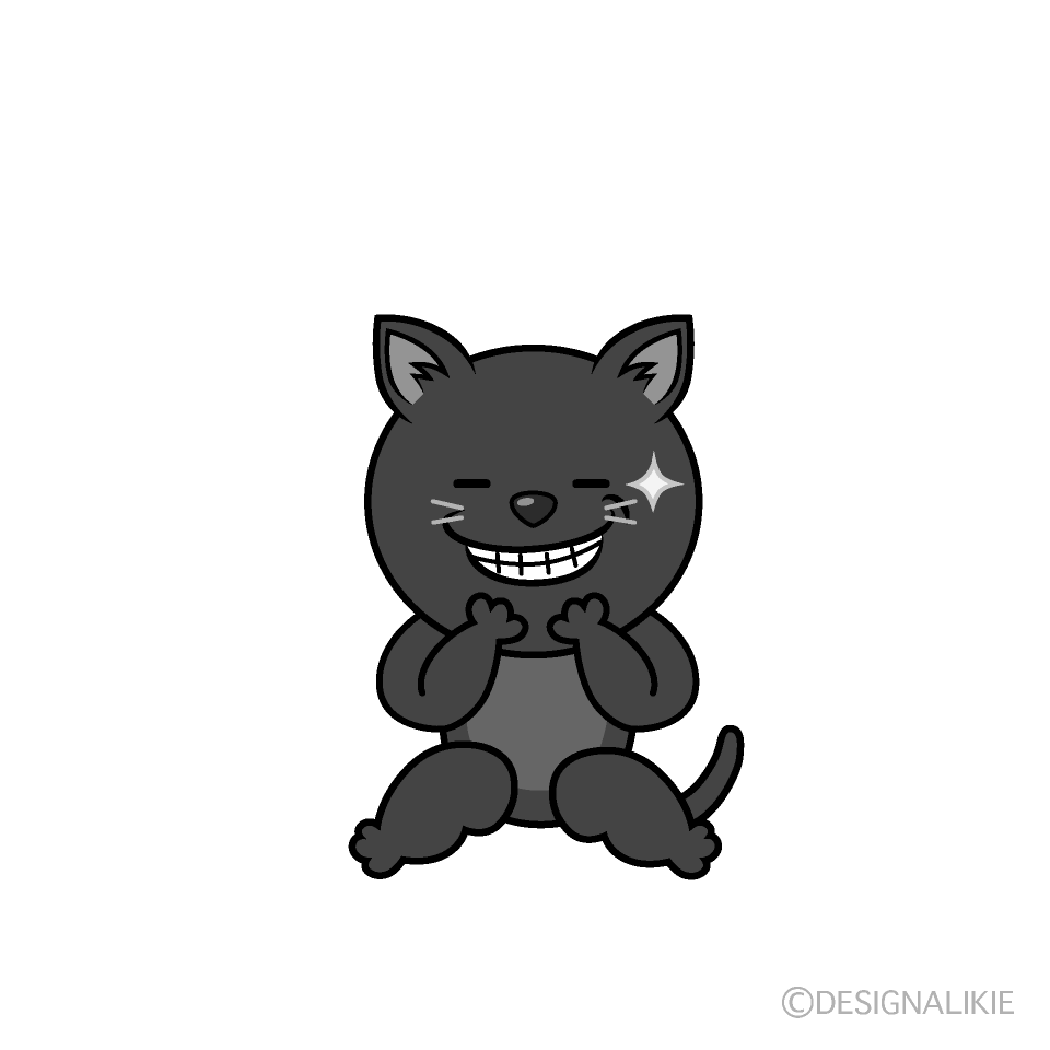 かわいいニヤリとする黒猫白黒イラスト