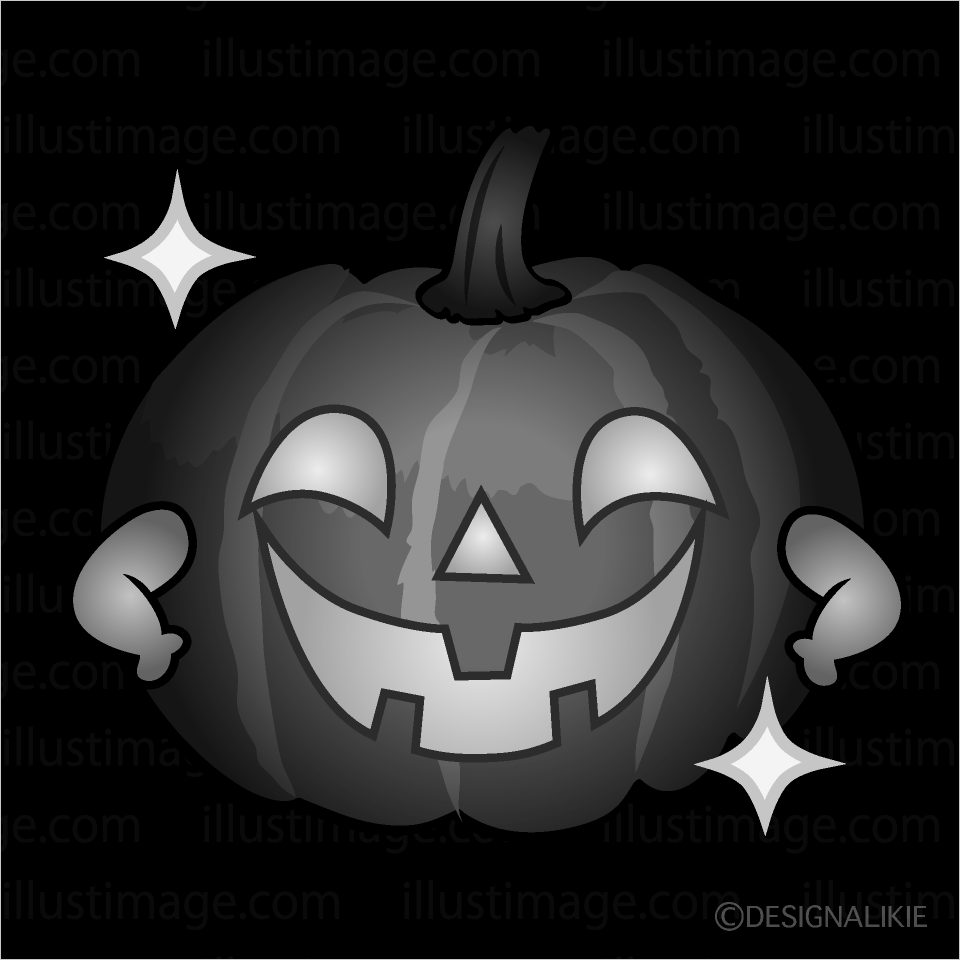 かわいいポーズする夜のハロウィンカボチャ白黒イラスト