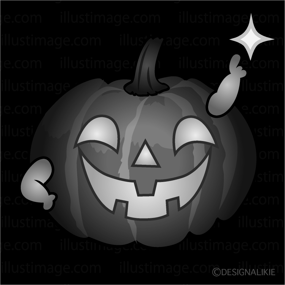 かわいい指差しする夜のハロウィンカボチャ白黒イラスト