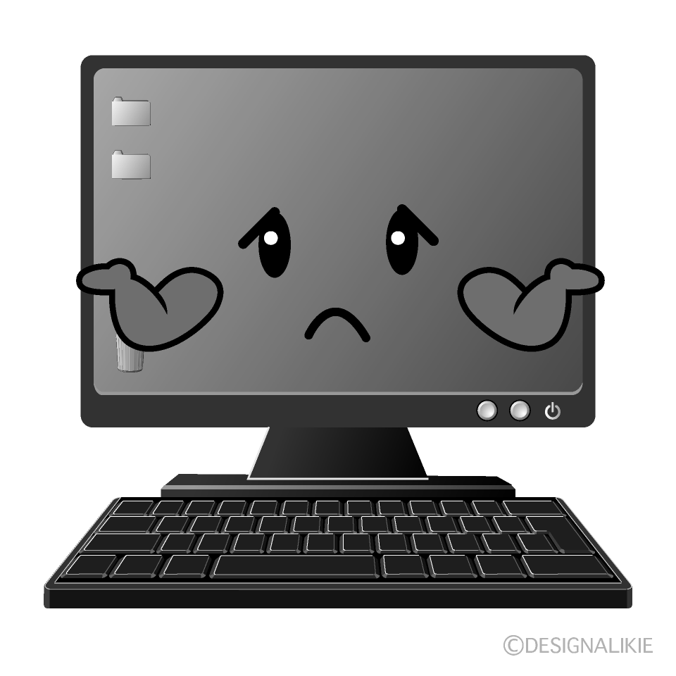 かわいい困るコンピュータ白黒イラスト