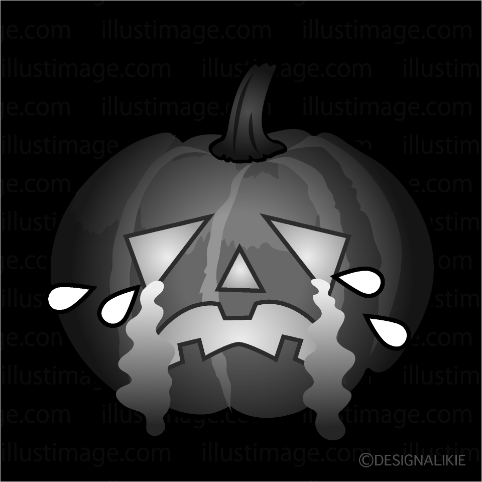 かわいい泣く夜のハロウィンカボチャ白黒イラスト