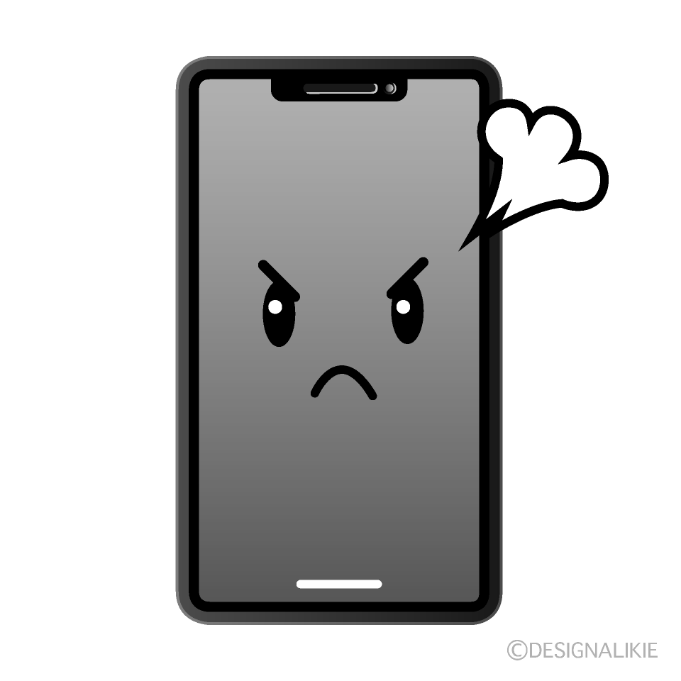 かわいい怒るスマホ白黒イラスト