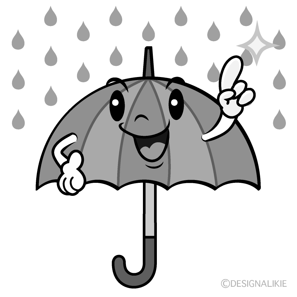 かわいい指差しする雨傘白黒イラスト