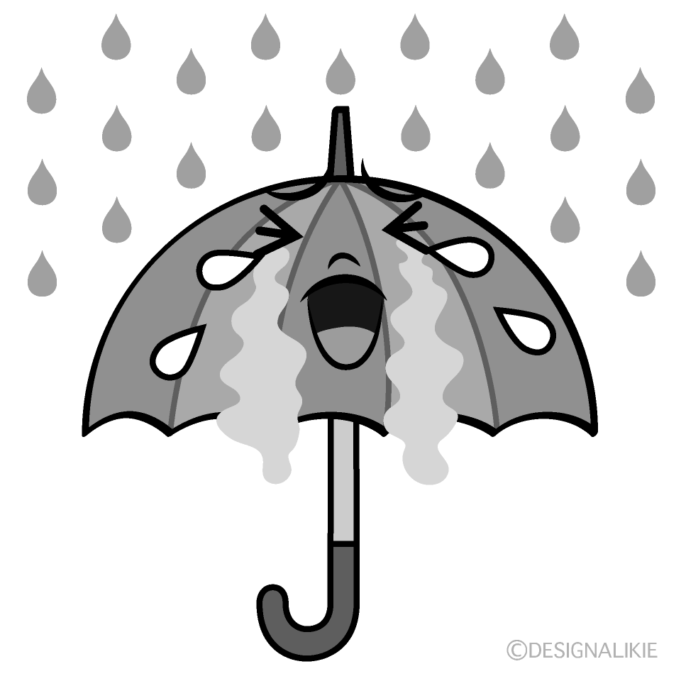 かわいい泣く雨傘白黒イラスト