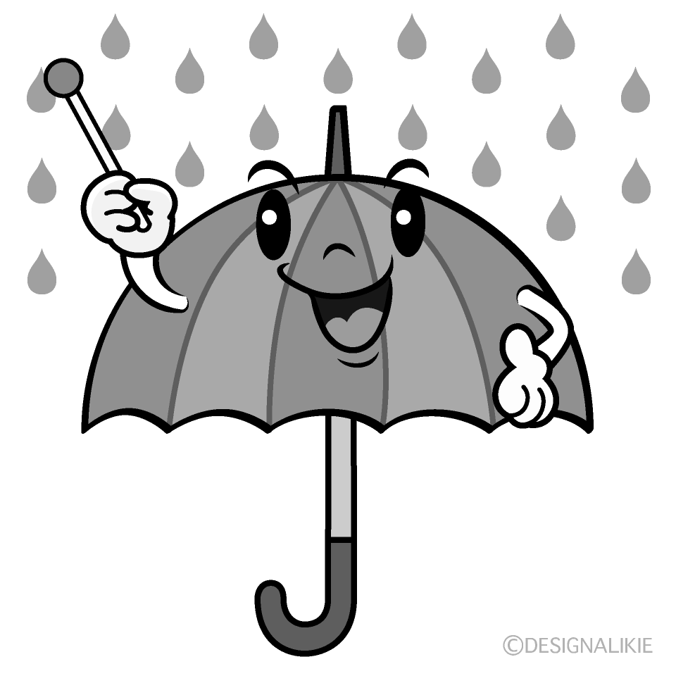 かわいい説明する雨傘白黒イラスト