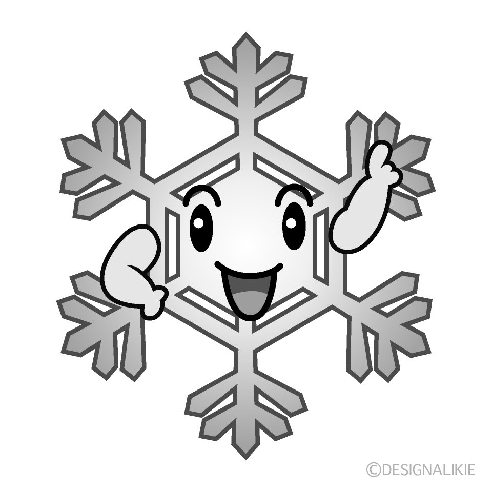 かわいい指差し雪の結晶白黒イラスト