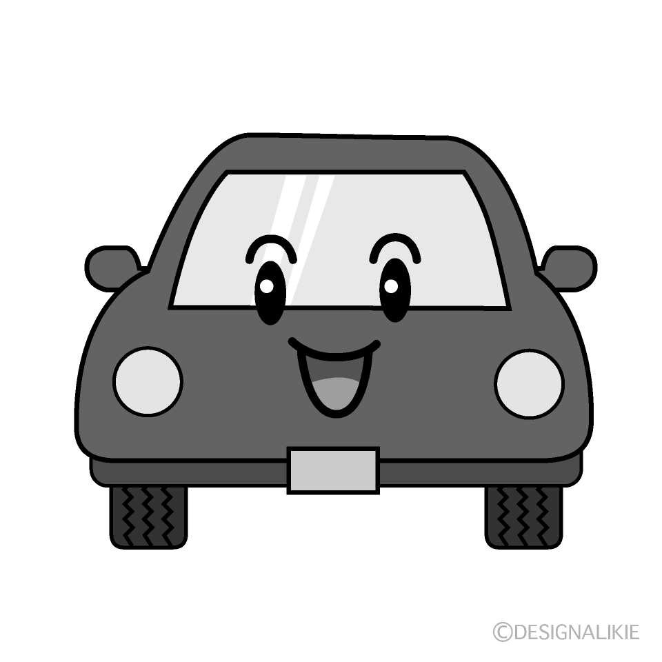 かわいい笑顔の車白黒イラスト