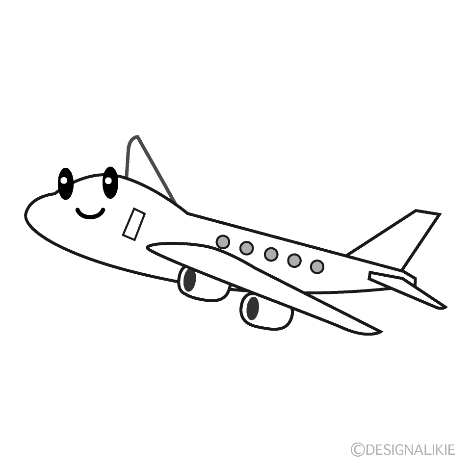 かわいい飛行機白黒イラスト