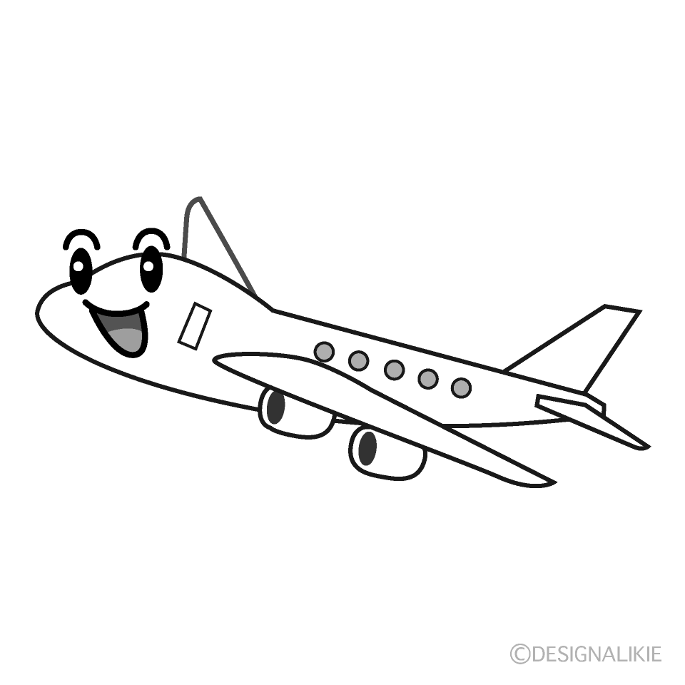 かわいい笑顔の飛行機白黒イラスト