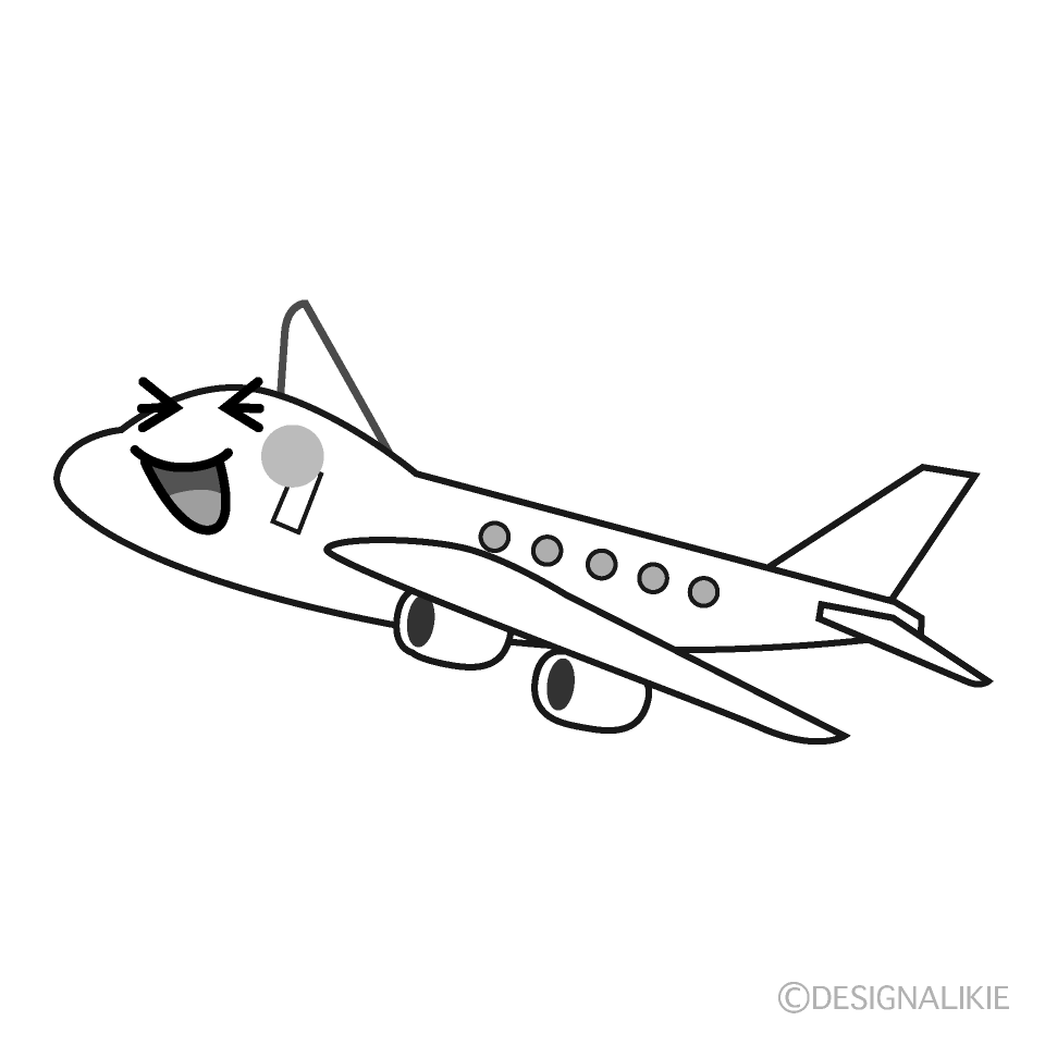 かわいい笑う飛行機白黒イラスト