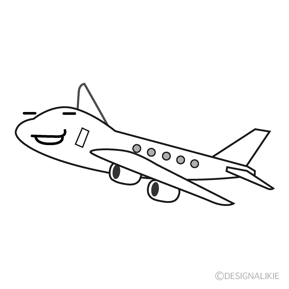 かわいいニヤリとする飛行機白黒イラスト