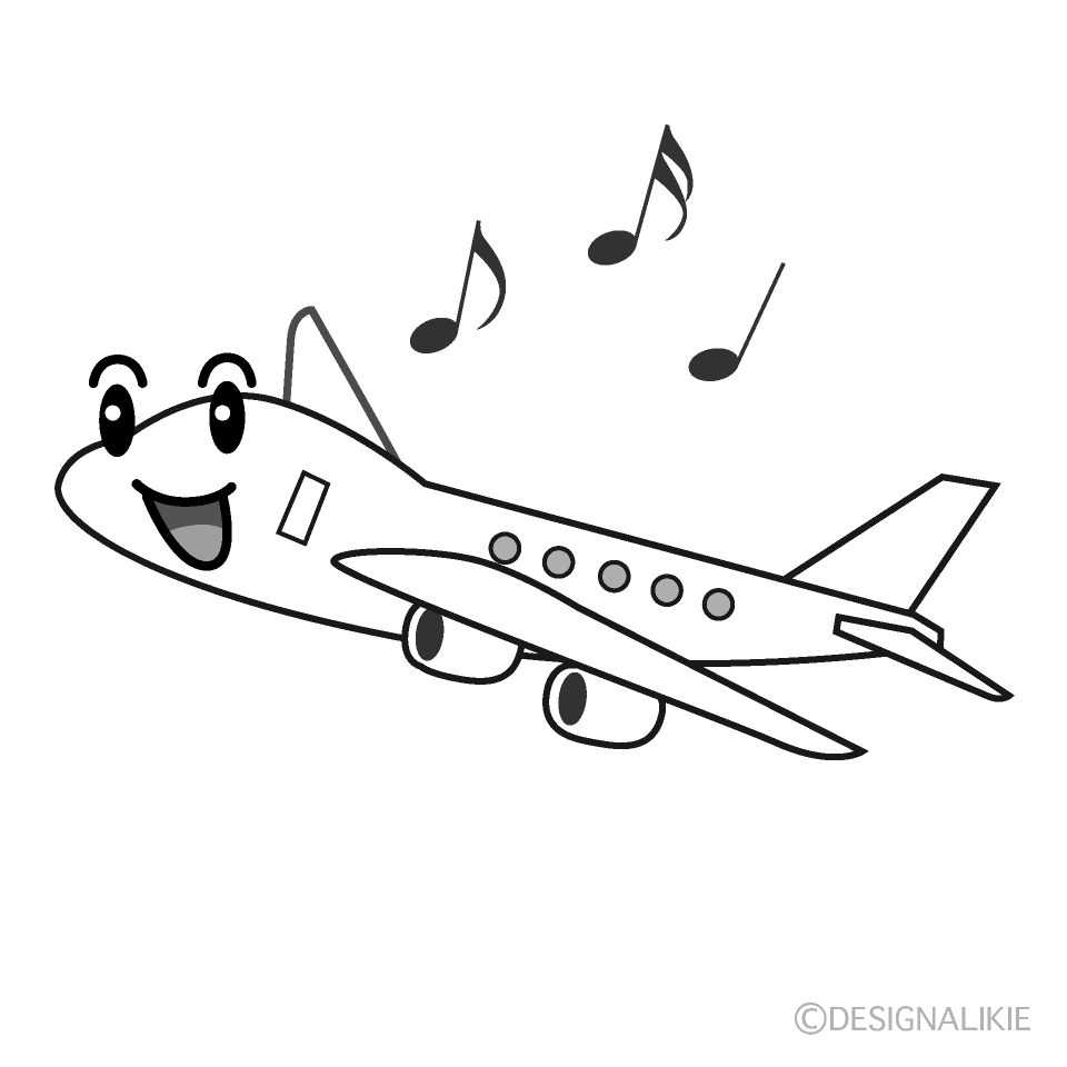 かわいい歌う飛行機白黒イラスト