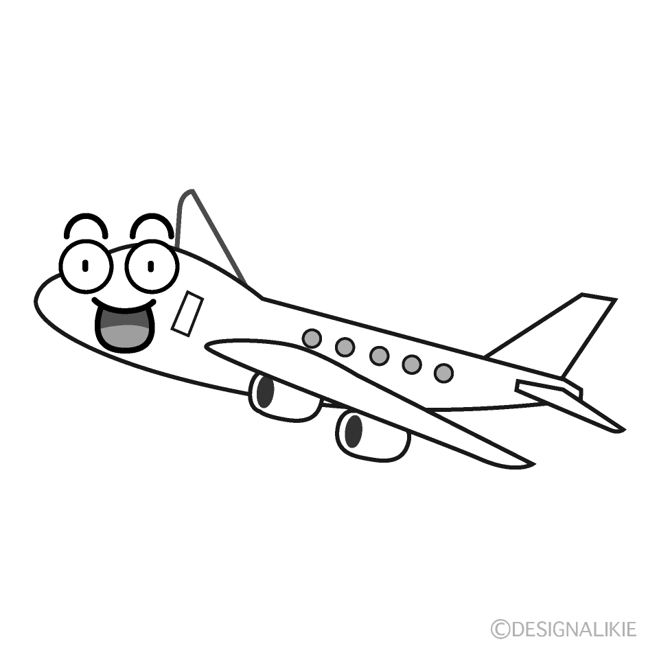 かわいい驚く飛行機白黒イラスト