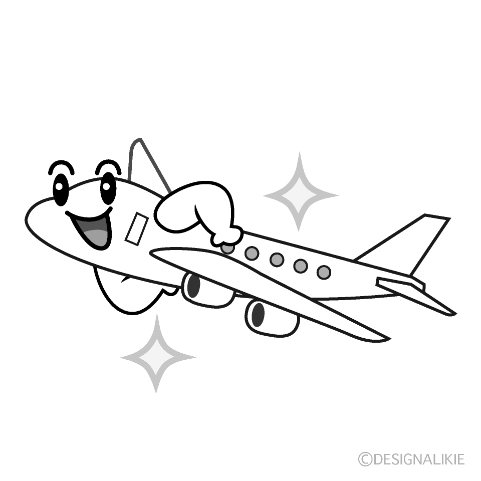 かわいい自信満々な飛行機白黒イラスト